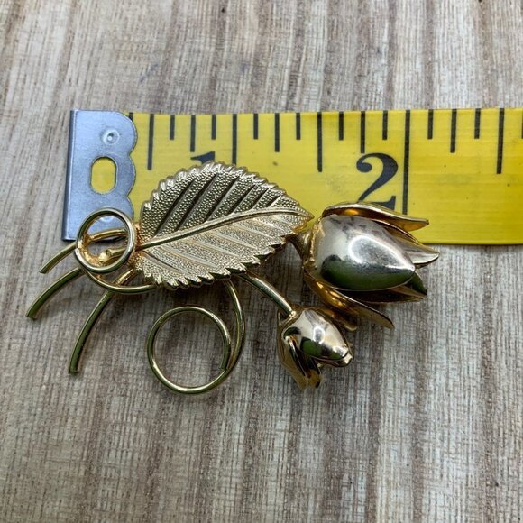 Double Roses Flower Leaf Gold Tone Vintage Brooch Pin - Picture 4 of 6